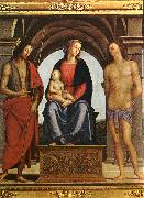PERUGINO, Pietro, Madonna Enthroned between St. John and St. Sebastian (detail) AF